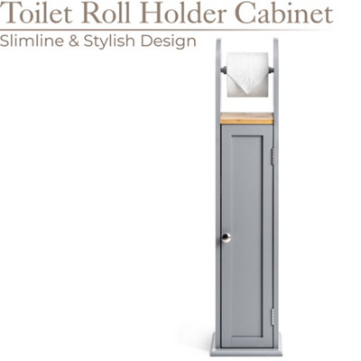 Toilet Roll Holder Cabinet Freestanding Grey Bamboo Wood Bathroom Unit Christow