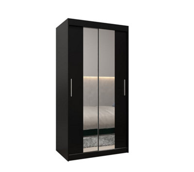 Tokyo 01 Contemporary Mirrored 2 Sliding Door Wardrobe 5 Shelves 2 Rails Black Matt (H)2000mm (W)1000mm (D)620mm