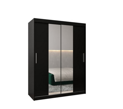 Tokyo 01 Contemporary Mirrored 2 Sliding Door Wardrobe 5 Shelves 2 Rails Black Matt (H)2000mm (W)1500mm (D)620mm