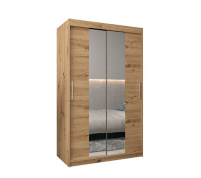 Tokyo 01 Contemporary Mirrored 2 Sliding Door Wardrobe 5 Shelves 2 Rails Oak Artisan Effect (H)2000mm (W)1200mm (D)620mm