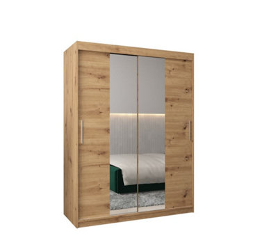 Tokyo 01 Contemporary Mirrored 2 Sliding Door Wardrobe 5 Shelves 2 Rails Oak Artisan Effect (H)2000mm (W)1500mm (D)620mm