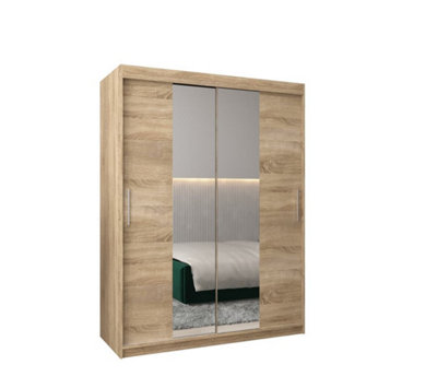 Tokyo 01 Contemporary Mirrored 2 Sliding Door Wardrobe 5 Shelves 2 Rails Oak Sonoma Effect (H)2000mm (W)1500mm (D)620mm