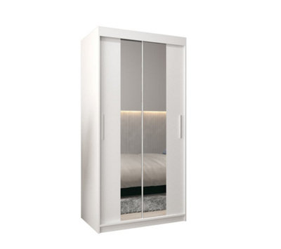 Tokyo 01 Contemporary Mirrored 2 Sliding Door Wardrobe 5 Shelves 2 Rails White Matt (H)2000mm (W)1000mm (D)620mm