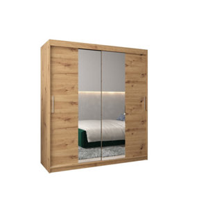 Tokyo 01 Contemporary Mirrored 2 Sliding Door Wardrobe 9 Shelves 2 Rails Oak Artisan Effect (H)2000mm (W)1800mm (D)620mm