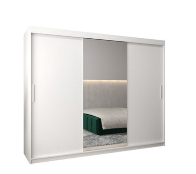 Tokyo 01 Contemporary Mirrored 3 Sliding Door Wardrobe 9 Shelves 2 Rails White Matt (H)2000mm (W)2500mm (D)620mm