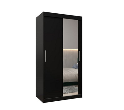 Tokyo 02 Contemporary Mirrored 2 Sliding Door Wardrobe 5 Shelves 2 Rails Black Matt (H)2000mm (W)1000mm (D)620mm