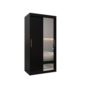 Tokyo 02 Contemporary Mirrored 2 Sliding Door Wardrobe 5 Shelves 2 Rails Black Matt (H)2000mm (W)1000mm (D)620mm
