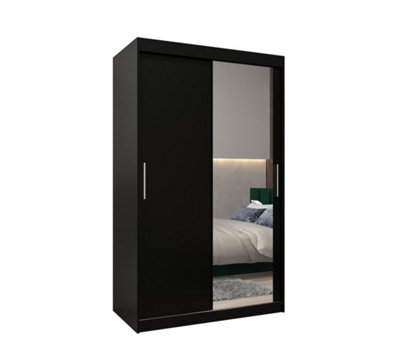 Tokyo 02 Contemporary Mirrored 2 Sliding Door Wardrobe 5 Shelves 2 Rails Black Matt (H)2000mm (W)1200mm (D)620mm