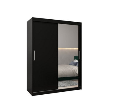 Tokyo 02 Contemporary Mirrored 2 Sliding Door Wardrobe 5 Shelves 2 Rails Black Matt (H)2000mm (W)1500mm (D)620mm