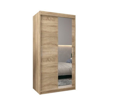 Tokyo 02 Contemporary Mirrored 2 Sliding Door Wardrobe 5 Shelves 2 Rails Oak Sonoma Effect (H)2000mm (W)1000mm (D)620mm