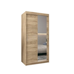 Tokyo 02 Contemporary Mirrored 2 Sliding Door Wardrobe 5 Shelves 2 Rails Oak Sonoma Effect (H)2000mm (W)1000mm (D)620mm
