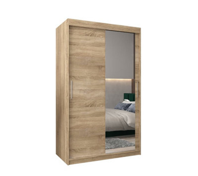 Tokyo 02 Contemporary Mirrored 2 Sliding Door Wardrobe 5 Shelves 2 Rails Oak Sonoma Effect (H)2000mm (W)1200mm (D)620mm