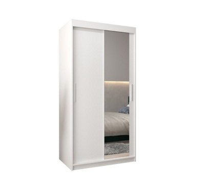 Tokyo 02 Contemporary Mirrored 2 Sliding Door Wardrobe 5 Shelves 2 Rails White Matt (H)2000mm (W)1000mm (D)620mm