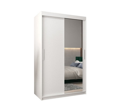 Tokyo 02 Contemporary Mirrored 2 Sliding Door Wardrobe 5 Shelves 2 Rails White Matt (H)2000mm (W)1200mm (D)620mm