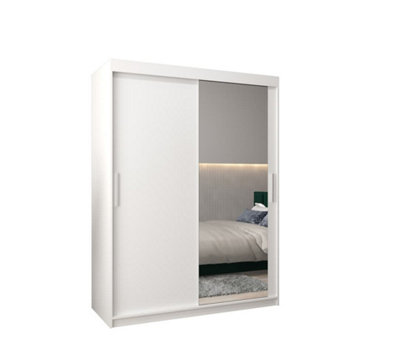 Tokyo 02 Contemporary Mirrored 2 Sliding Door Wardrobe 5 Shelves 2 Rails White Matt (H)2000mm (W)1500mm (D)620mm