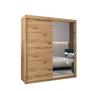 Tokyo 02 Contemporary Mirrored 2 Sliding Door Wardrobe 9 Shelves 2 Rails Oak Artisan Effect (H)2000mm (W)1800mm (D)620mm