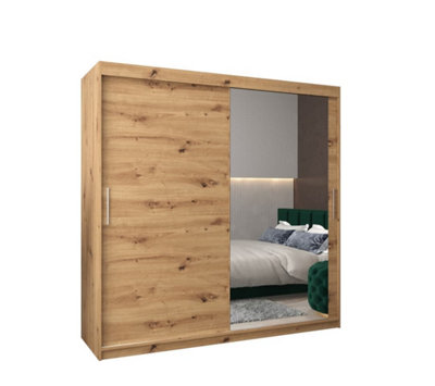 Tokyo 02 Contemporary Mirrored 2 Sliding Door Wardrobe 9 Shelves 2 Rails Oak Artisan Effect (H)2000mm (W)2000mm (D)620mm