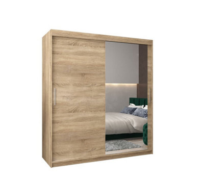 Tokyo 02 Contemporary Mirrored 2 Sliding Door Wardrobe 9 Shelves 2 Rails Oak Sonoma Effect (H)2000mm (W)1800mm (D)620mm