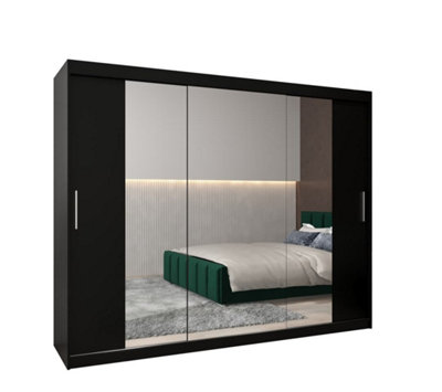 Tokyo 02 Contemporary Mirrored 3 Sliding Door Wardrobe 9 Shelves 2 Rails Black Matt (H)2000mm (W)2500mm (D)620mm