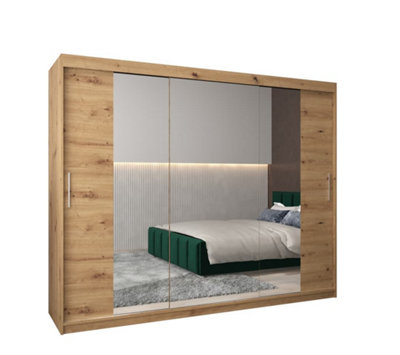 Tokyo 02 Contemporary Mirrored 3 Sliding Door Wardrobe 9 Shelves 2 Rails Oak Artisan Effect (H)2000mm (W)2500mm (D)620mm