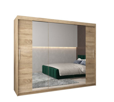 Tokyo 02 Contemporary Mirrored 3 Sliding Door Wardrobe 9 Shelves 2 Rails Oak Sonoma Effect (H)2000mm (W)2500mm (D)620mm