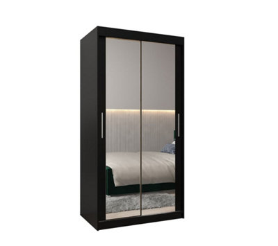 Tokyo 03 Contemporary Mirrored 2 Sliding Door Wardrobe 5 Shelves 2 Rails Black Matt (H)2000mm (W)1000mm (D)620mm