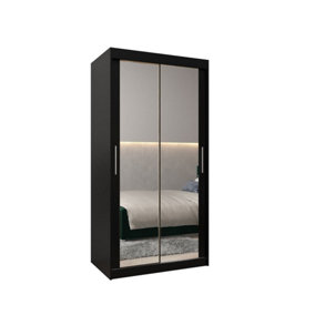 Tokyo 03 Contemporary Mirrored 2 Sliding Door Wardrobe 5 Shelves 2 Rails Black Matt (H)2000mm (W)1000mm (D)620mm