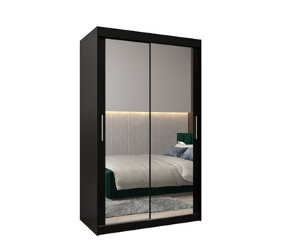 Tokyo 03 Contemporary Mirrored 2 Sliding Door Wardrobe 5 Shelves 2 Rails Black Matt (H)2000mm (W)1200mm (D)620mm