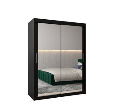 Tokyo 03 Contemporary Mirrored 2 Sliding Door Wardrobe 5 Shelves 2 Rails Black Matt (H)2000mm (W)1500mm (D)620mm
