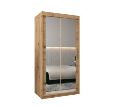 Tokyo 03 Contemporary Mirrored 2 Sliding Door Wardrobe 5 Shelves 2 Rails Oak Artisan Effect (H)2000mm (W)1000mm (D)620mm