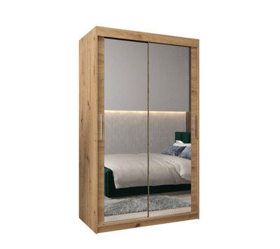 Tokyo 03 Contemporary Mirrored 2 Sliding Door Wardrobe 5 Shelves 2 Rails Oak Artisan Effect (H)2000mm (W)1200mm (D)620mm