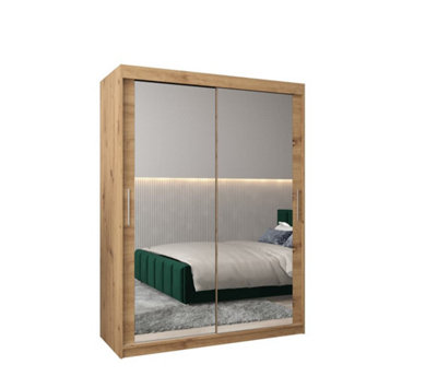 Tokyo 03 Contemporary Mirrored 2 Sliding Door Wardrobe 5 Shelves 2 Rails Oak Artisan Effect (H)2000mm (W)1500mm (D)620mm