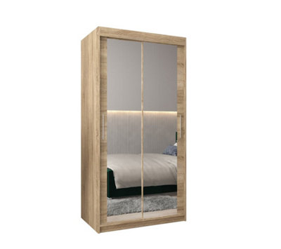 Tokyo 03 Contemporary Mirrored 2 Sliding Door Wardrobe 5 Shelves 2 Rails Oak Sonoma Effect (H)2000mm (W)1000mm (D)620mm