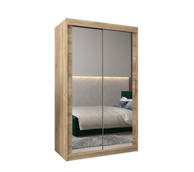 Tokyo 03 Contemporary Mirrored 2 Sliding Door Wardrobe 5 Shelves 2 Rails Oak Sonoma Effect (H)2000mm (W)1200mm (D)620mm