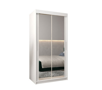 Tokyo 03 Contemporary Mirrored 2 Sliding Door Wardrobe 5 Shelves 2 Rails White Matt (H)2000mm (W)1000mm (D)620mm