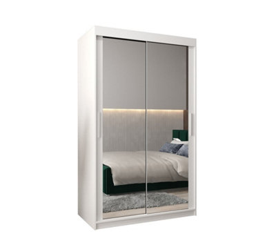 Tokyo 03 Contemporary Mirrored 2 Sliding Door Wardrobe 5 Shelves 2 Rails White Matt (H)2000mm (W)1200mm (D)620mm