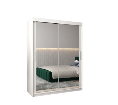 Tokyo 03 Contemporary Mirrored 2 Sliding Door Wardrobe 5 Shelves 2 Rails White Matt (H)2000mm (W)1500mm (D)620mm