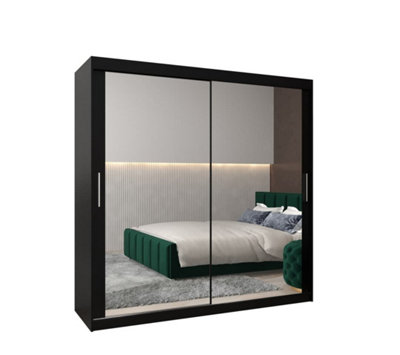 Tokyo 03 Contemporary Mirrored 2 Sliding Door Wardrobe 9 Shelves 2 Rails Black Matt (H)2000mm (W)2000mm (D)620mm