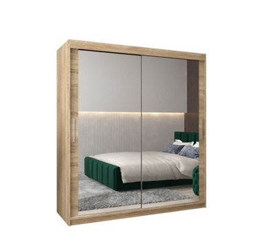 Tokyo 03 Contemporary Mirrored 2 Sliding Door Wardrobe 9 Shelves 2 Rails Oak Sonoma Effect (H)2000mm (W)1800mm (D)620mm