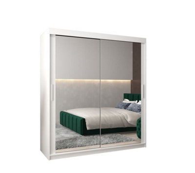 Tokyo 03 Contemporary Mirrored 2 Sliding Door Wardrobe 9 Shelves 2 Rails White Matt (H)2000mm (W)1800mm (D)620mm