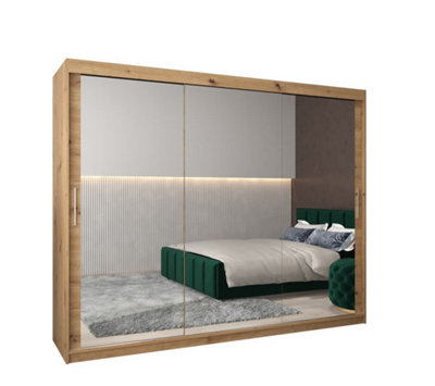 Tokyo 03 Contemporary Mirrored 3 Sliding Door Wardrobe 9 Shelves 2 Rails Oak Artisan Effect (H)2000mm (W)2500mm (D)620mm