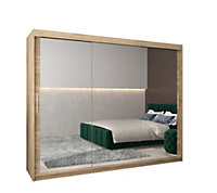 Tokyo 03 Contemporary Mirrored 3 Sliding Door Wardrobe 9 Shelves 2 Rails Oak Sonoma Effect (H)2000mm (W)2500mm (D)620mm