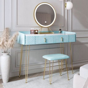 Tokyo Glow Baby Blue Velvet Dressing Table with LED Touch Sensor Mirror