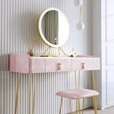Tokyo Glow Ballerina Pink Velvet Dressing Table with LED Touch Sensor Mirror