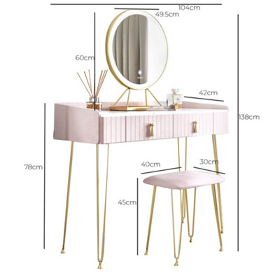 Tokyo Glow Ballerina Pink Velvet Dressing Table with LED Touch Sensor Mirror