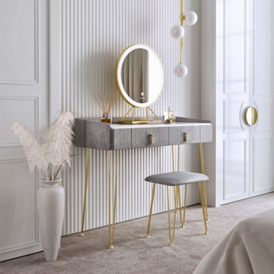 Tokyo Glow Dove Grey Velvet Dressing Table with LED Touch Sensor Mirror