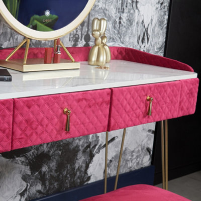 Tokyo Glow Upholstered Quilted Velvet Dressing Table with 2 Drawers Jewellery Makeup Storage Cushioned Stool Set (Raspberry)