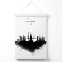 Tokyo Watercolour Skyline City Poster with Hanger / 33cm / White