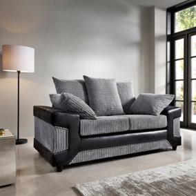 Toledo 2 Seater Grey Jumbo Cord Sofa With a Modern Black Leather Trim