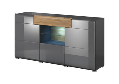 Toledo 26 Sideboard Cabinet in Grey Gloss - Chic Storage with Soft-Closing Doors & Glass Shelf - W1590mm x H830mm x D390mm